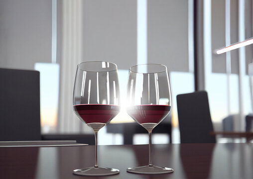 Wine glasses on office table close up