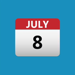 8th July calendar icon. July 8 calendar Date Month icon. Isolated on blue background