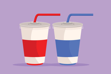 Graphic flat design drawing fresh soft drink on plastic glass logotype. Cafe menu and restaurant badge concept. Street food icon symbol. Refreshing drink in summer. Cartoon style vector illustration