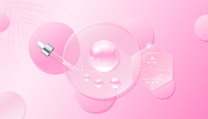Serum gel drop on transparent circle disk. Cosmetic product swatch vitamin A, structure. Light textured moisturizing face serum clear skincare liquid. Cosmetics display podium ads. Top view 3D Vector.