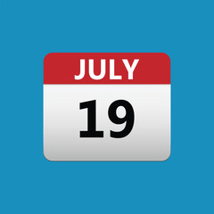19th July calendar icon. July 19 calendar Date Month icon. Isolated on blue background