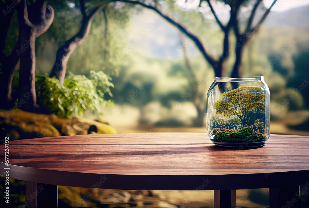 Wall mural Empty table with blurry green natural park garden or backyard background. Nature and outdoor concept. Generative AI