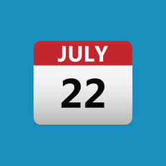 22th July calendar icon. July 22 calendar Date Month icon. Isolated on blue background