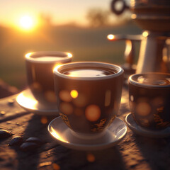 Closeup de xicaras com café ao nascer do sol com grãos de café a volta