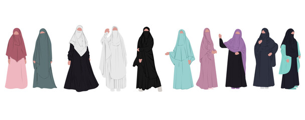 Collection of stylish muslim woman. niqab Hijab muslim woman set. Modern people character in islamic clothes style. hijab vector flat design