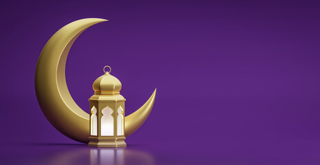 Ramadan Kareem. Ramadhan or Eid Mubarak greeting background. Golden Moon and lantern 3d render
