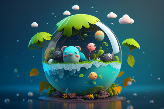 3d cartoon character cute globe and rainy season idea concept, on blue background, image ai generated