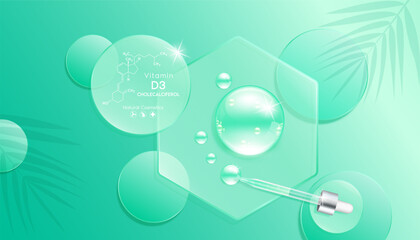 Serum gel drop green on transparent hexagon glass. Cosmetic product swatch vitamin D3 structure on display podium. Light textured moisturizing face serum clear skincare liquid. Top view 3D Vector.