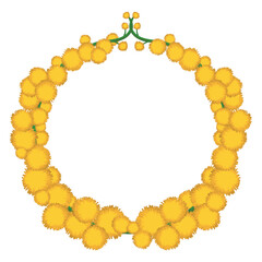 Wreath made with yellow mimosa flowers and branches, Vector illustration
