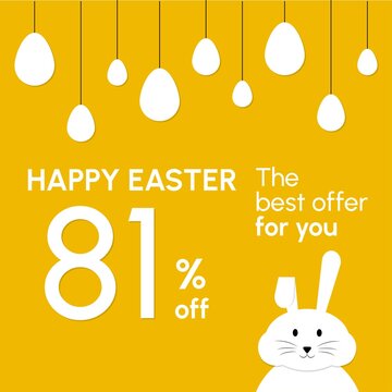 Happy Easter Sale tag, with a rabbit and eggs. In colors: white and yellow