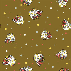 Seamless pattern with merry dots and human skulls. Ancient Mexican codex design of Aztec Indians. Dia de los Muertos Day of the Dead symbol. 