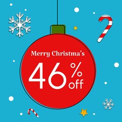 Merry Christmas tag discount with elements: snow, star and ball. In colors: blue, red, green and white