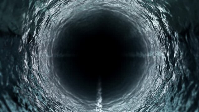 暗闇のなか暗い井戸のようなトンネル状のゴツゴツした筒の中をライトをつけて進む背景ループ素材