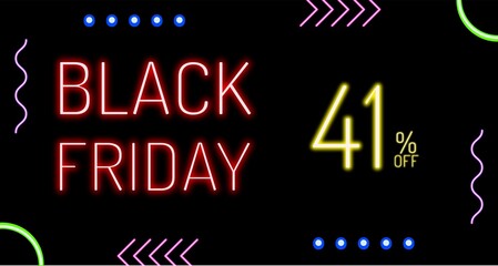 Fototapeta na wymiar Black Friday tag with neon lights. In colors: red, purple, blue, pink, yellow and green