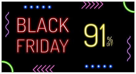 Black Friday tag  with neon lights. In colors: red, purple, blue, pink, yellow and green
