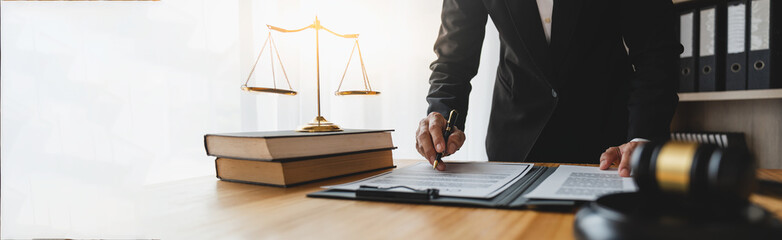 Copy space, panorama, banner, Asian female lawyer or lawyer using pen to check business information...