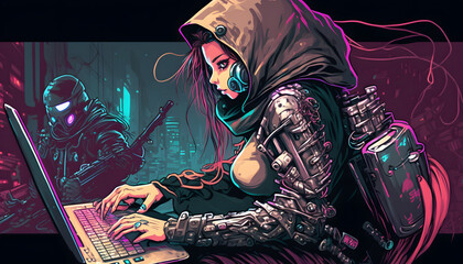 Fototapeta na wymiar The cyberpunk hacker girl with her laptop