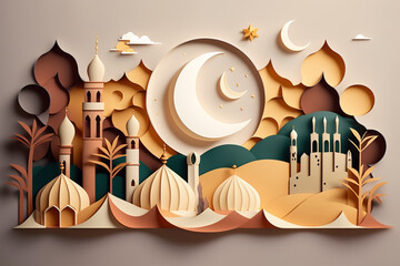 Paper-style illustration is the perfect way to send your Ramadan greetings with a touch of creativity and style. The Ramadan Kareem message is beautifully presented in this design. Generative Ai