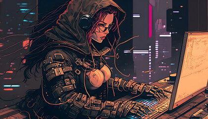 The cyberpunk hacker girl with her laptop