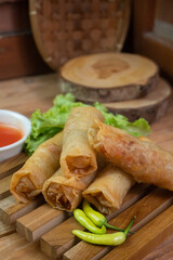 Selective focus on the lumpia or lunpia is a typical snack from Java in Indonesia, in English it is often called spring rolls, soft focus