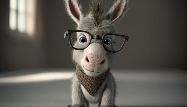 Adorable baby donkey with glasses. Created with Generative AI.