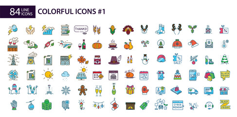 Megaset of 84 colorful icons. Autumn, Thanksgiving, Christmas, sales, winter sports and ecology. Pixel perfect stroke, editable line art