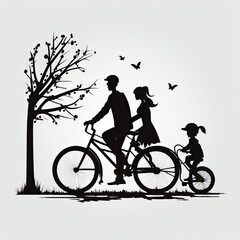 Fototapeta na wymiar Beautiful, adorable, loving family with child black and white image of silhouettes in the park, hearts, love, calm, playful, on bicycle, bike