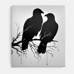 Beautiful, adorable, loving bird, eagle, hawk couple black and white image of silhouettes.  Love, romance, wedding, relationship, kiss, heart, cute, 