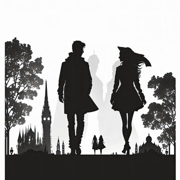 Beautiful, adorable, loving couple black and white image of silhouettes in front of an urban cityscape.  Big Ben, London UK, Britain