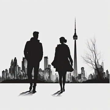 Beautiful, adorable, loving couple black and white image of silhouettes in front of an urban cityscape.  CN Tower, Toronto