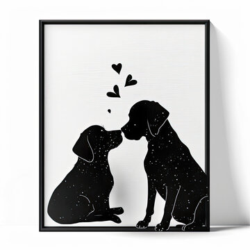 Beautiful, adorable, loving dog, puppy couple black and white image of silhouettes.  Love, romance, wedding, relationship, kiss, heart, cute, 
