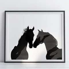 Beautiful, adorable, loving horse couple black and white image of silhouettes.  Love, romance, wedding, relationship, kiss, heart, cute, 
