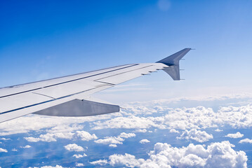 Fototapeta na wymiar Wing aircraft in altitude during flight. clear sky in sunny day. travel concept