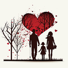 Fototapeta na wymiar Beautiful, adorable, loving family with child black, white and red image of silhouettes in the park, with a big heart, love, calm, playful