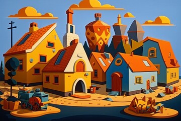 Vibrant Village Life: Colorful Painting of a Quaint Countryside Town, generative ai