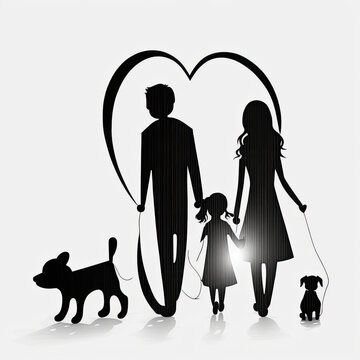 Beautiful, adorable, loving family with child black and white image of silhouettes in the park, hearts, love, calm, playful, with pets