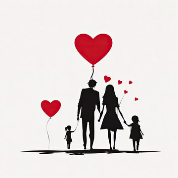 Beautiful, adorable, loving family with child black and white image of silhouettes in the park, hearts, love, calm, playful, with balloon