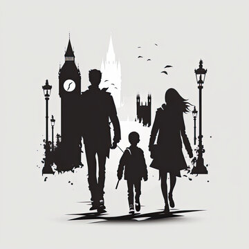 Beautiful, adorable, loving family with child black and white image of silhouettes in front of an urban cityscape.  London England, UK, British