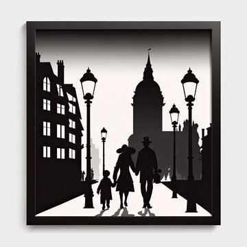 Beautiful, adorable, loving family with child black and white image of silhouettes in front of an urban cityscape.  London England, UK, British