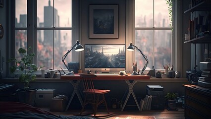Modern Cozy Home Office in Urban City, Relaxing Interior apartment and Urban Ambiance
