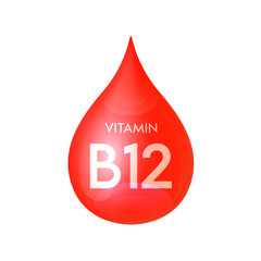 Drip vitamin B12 red icon 3D isolated on a white background. Drop minerals and vitamins complex realistic. Used for nutrition products food. Medical scientific concepts. Vector EPS10 illustration.