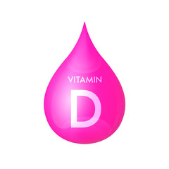 Drip vitamin D pink icon 3D isolated on a white background. Drop minerals and vitamins complex realistic. Used for nutrition products food. Medical scientific concepts. Vector EPS10 illustration.