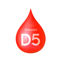 Drip vitamin D5 red icon 3D isolated on a white background. Drop minerals and vitamins complex realistic. Used for nutrition products food. Medical scientific concepts. Vector EPS10 illustration.