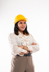 a female architect standing with handcrossed and looking up on isolated background