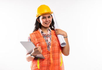 a beautiful architect standing bring the digital tablet and put the paperwork on her shoulder on isolated background