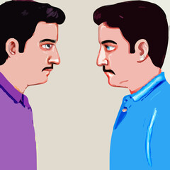 Two similar people looking at each other directly. 