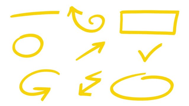 Arrows and a few other shapes lines animated hand drawn yellow version one. Slow animation on white background. Arrow cartoon irregular shape. Good for any video material. Motion graphic explainer.
