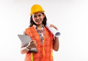 a female architect standing bring the digital tablet and put the paperworks on her shoulder on isolated background