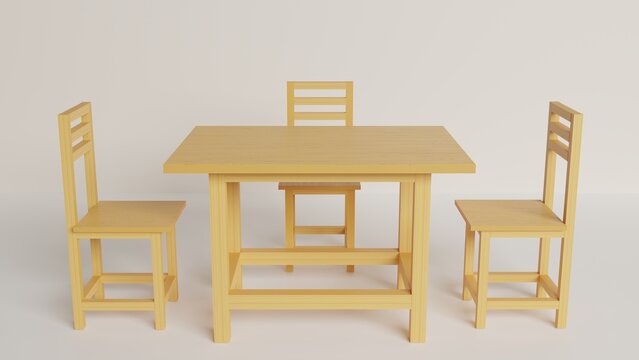 wooden table and wooden chairs on the white background.3d rendring.	