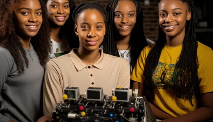 Group of Diverse and Empowered African American Black Youth Female High School Students Working Together in Robotics Club : Power of Collaboration in Clubs, Sports Teams (generative AI)